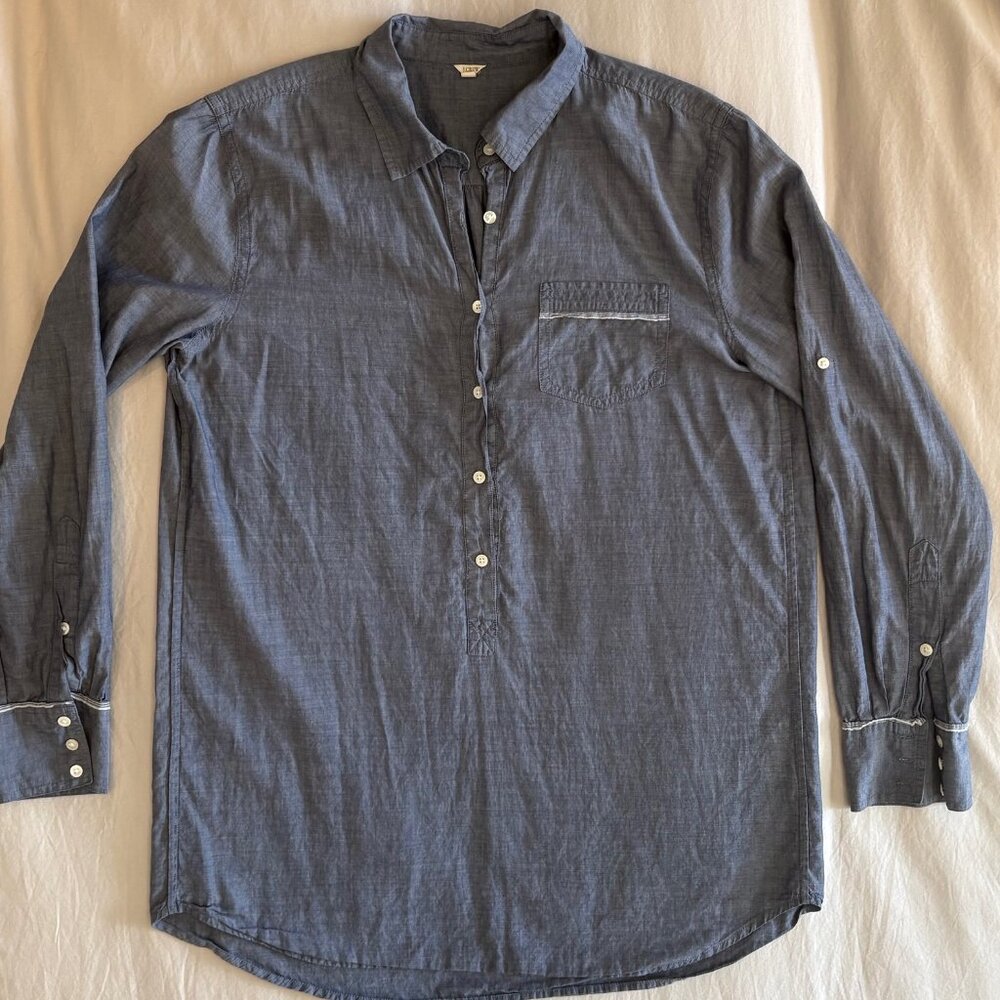 J.Crew Blue Chambray Popover Shirt M Cotton Button Front